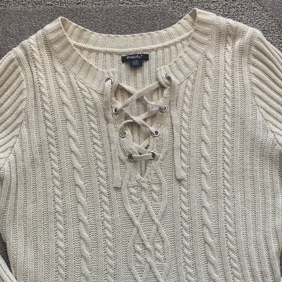 Rhapsody Long Sweater With Lace Up Neckline - Picture 4 of 7